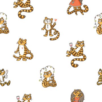 Christmas pattern with cute tigers on  white background. Christmas cartoon animals print. Winter stylized wallpaper. Chinese horoscope symbol.