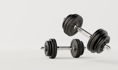 Fototapeta na wymiar Two dumbbells on isolated white background. Fitness and sport concept. 3D illustration rendering