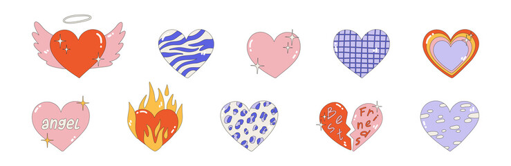 Set of different hearts. Vector illustration of cute hearts for Valentine's day. Hearts with animal print, wings, fire. Nostalgia for the 2000 years. Y2k style. All elements are isolated