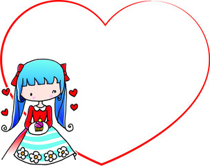 vector cartoon girl with heart shape border