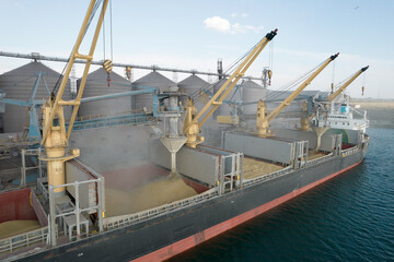 Fototapeta na wymiar Loading grain into holds of sea cargo vessel through an automatic line in seaport from silos of grain storage. Bunkering of dry cargo ship with grain