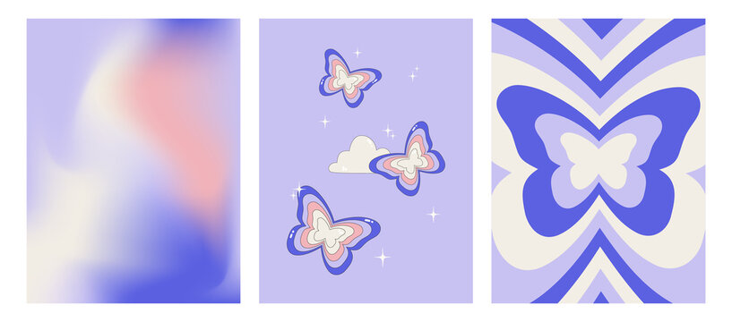 Set of posters on the theme of the 00s. Geometric abstract poster, gradient background and stylish print with butterflies in the sky. Glamorous vector illustration Y2k. Nostalgia for the 2000 years.