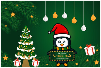 merry christmas and happy new year greeting, banner template with penguin