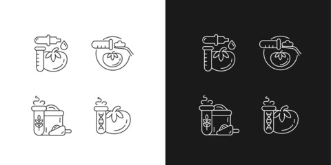 Artificial food additives linear icons set for dark and light mode. Modified organic products. Nutrition testing. Customizable thin line symbols. Isolated vector outline illustrations. Editable stroke
