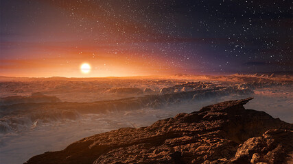 Fototapeta na wymiar Landscape on planet Mars, scenic desert and rock on the red planet.The sun rises over the horizon.Sunrise.Alien landscape.Elements of this Image Furnished by NASA.