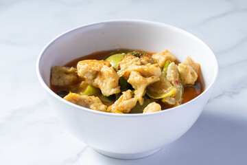 Fish Ball Red Curry with Eggplant in a White Cup Thai Food