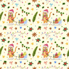 Watercolor pattern with a tiger pulling a sled with gifts. New Years pattern with a striped tiger in a santa hat and a scarf. Cute tiger. Design for textiles, wrapping paper, stationery.