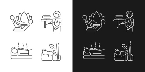 Beauty procedures linear icons set for dark and light mode. Stretching techniques. Applying heated stones. Customizable thin line symbols. Isolated vector outline illustrations. Editable stroke