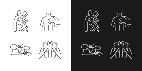 Massage therapy techniques linear icons set for dark and light mode. Pressing on trigger points. Treating colic. Customizable thin line symbols. Isolated vector outline illustrations. Editable stroke