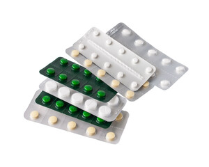 Different medicines in blister packs, isolated object on white background.