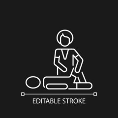 Sport massage white linear icon for dark theme. Injury recovery. Enhancing athletic performance. Thin line customizable illustration. Isolated vector contour symbol for night mode. Editable stroke