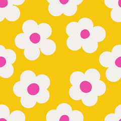 Naive seamless vibrant pattern with white daisies on a yellow background in doodle style. Bright minimalistic Contemporary graphic bauhaus design in vibrant colours. Scandinavian nursery print