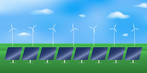 Wind turbines and solar cells. Renewable energy sources. Vector illustration.