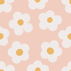 Naive seamless floral boho pattern with white daisies on a peach background in doodle style. Сute contemporary minimalistic trendy boho background design for kids. Scandinavian nursery print