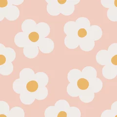 Fototapete Blümchenmuster Naives, nahtloses florales Boho-Muster mit weißen Gänseblümchen auf pfirsichfarbenem Hintergrund im Doodle-Stil. Nettes zeitgenössisches minimalistisches trendiges Boho-Hintergrunddesign für Kinder. Skandinavischer Kinderzimmerdruck
