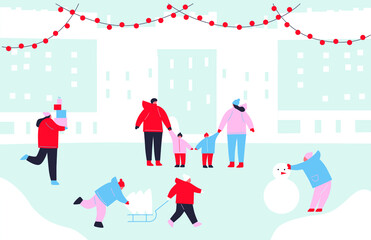 Happy families and couples skating on ice rink. Christmas and Happy New Year. Vector flat cartoon illustration of winter outdoor fun activities. Holiday banners or labels.