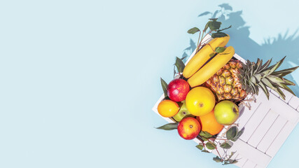 exotic, fruits banner, place for text, copy space, blue background, nature, fruits card, agriculture, apple, banana, citrus, detox, diet, eco friendly, farm, food, fresh, freshness, fruit, fruits box,