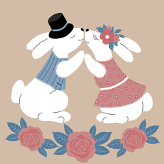 Vector illustration in vintage style, bunnies in love.