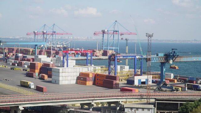 Odessa industrial Port.Ukraine.car go container.close up.sea crane.sea view