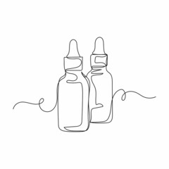 Vector continuous one single line drawing icon of bottles with liquid in silhouette on a white background. Linear stylized.