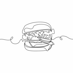 Vector continuous one single line drawing icon of burger fast food in silhouette on a white background. Linear stylized.