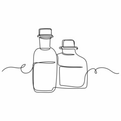 Vector continuous one single line drawing icon of glass bottles with liquid cosmetics in silhouette on a white background. Linear stylized.