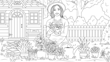 Vector illustration, beautiful girl gardener, plants flowers in the garden