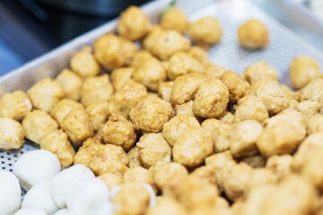 Closeup of Steamed Shrimp balls, thai street food market