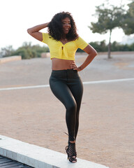 Latin Black Woman Dances Caribbean Salsa Rhythm Outdoors