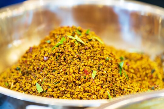 Closeup of Kua Kling, Southern Stir-Fried Indo-Pacific king mackerels fish with Yellow Curry Paste, thai street food market