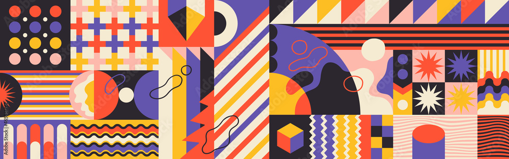 Poster abstract geometric pattern design in retro style with various colorful shapes. vector illustration.