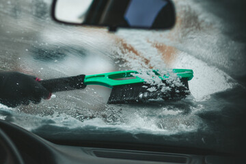 Car windshield icy. Brush snow off the vehicle.