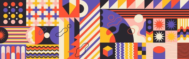 Abstract geometric pattern design in retro style with various colorful shapes. Vector illustration.