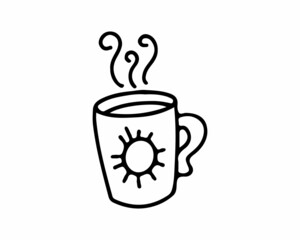 Mug with tea black outline, icon, doodle. Vector illustration