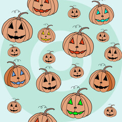 Set pumpkin on yellow, green, pink background. Orange pumpkin with smile for your design for the holiday Halloween. Vector illustration.