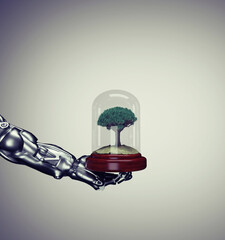 Cyborg hand holding a tree.
