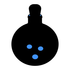 A bottle of magic potion. Silhouette. Vector illustration. Isolated white background. A miraculous drink. Witch decoction in a round bottle. Blue bubbles are flying upwards. The vessel is tightly seal