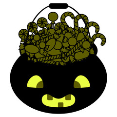 A pot with green sweets. Silhouette. Backlit pumpkin-shaped bucket. Trick or treat. Vector illustration. A basket with sweets. Friendly facial expression. Nice grimace. Isolated white background. 