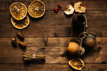 Festive background for recording, top view. On a wooden table. Autumn-winter. Festive mood. A mug of coffee.