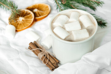 Festive background for recording. White background. Festive Christmas mood. A mug with cappuccino, a branch of spruce and a bed.