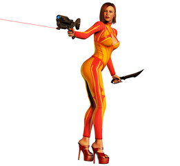 futuristic girl with in a multicolored uniform with gun, 3d illustration