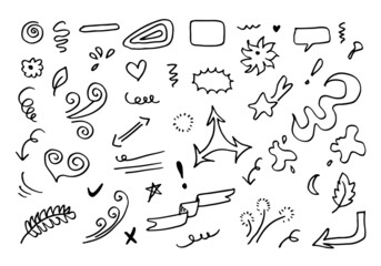 Obraz premium Hand drawn set elements, black on white background. Arrow, heart, love, star, leaf, sun, light, flower, crown, king, queen,Swishes, swoops, emphasis ,swirl, heart, for concept design.