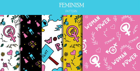Set of seamless patterns doodle signs of feminism, women s rights. Grunge hand drawn vector icons of Feminism protest symbols A rally to fight for voting rights