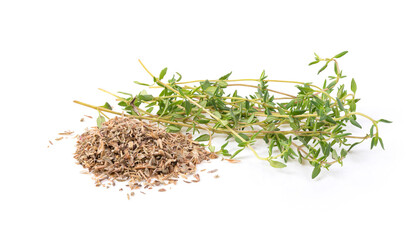 Dried thyme leaves on white background