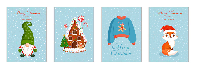 Set of cute Christmas cards. Collection of vector New Year illustrations with gnome, gingerbread house, sweater and fox.