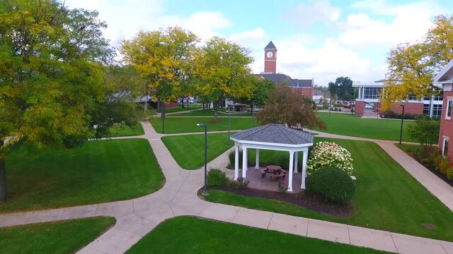 Aerial outside over Indiana Tech college campus in Indiana