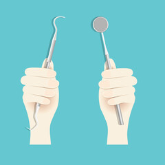 Hand holding instruments for examining patient teeth. Teeth examination dentistry concept