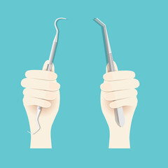 Hand holding instruments for examining patient teeth. Teeth examination dentistry concept