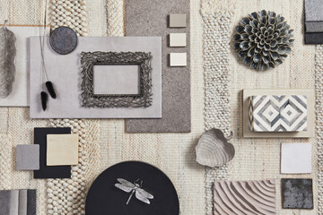 Flat lay design of creative architect moodboard composition with samples of building, beige textile and natural materials and personal accessories. Top view, template. - obrazy, fototapety, plakaty