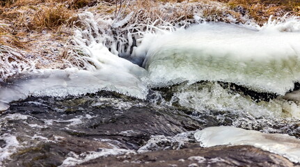 Fast river with ice and snow in late autumn
